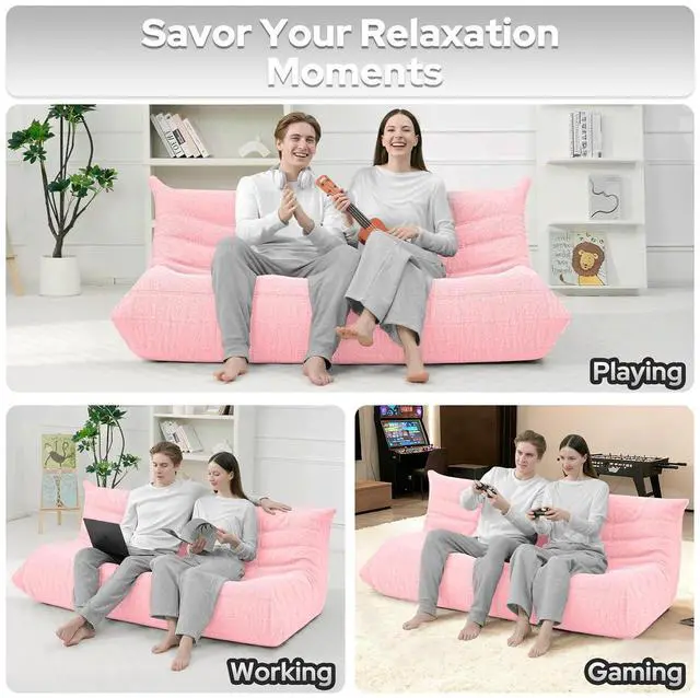 Alt view image 5 of 7 - Bean Bag Chairs Fireside Lazy Floor Sofa, Soft Teddy Fleece 3 Seater Sofa with High-Resilience Foam FillingBeanbag for Living Room, Bedroom, Office (Pink Teddy)