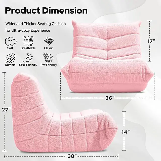 Alt view image 2 of 6 - Bean Bag Chairs Fireside Lazy Floor Sofa, Soft Teddy Fleece Bean Bag Sofa with High-Resilience Foam FillingBeanbag for Living Room, Bedroom, Office (Pink Teddy)
