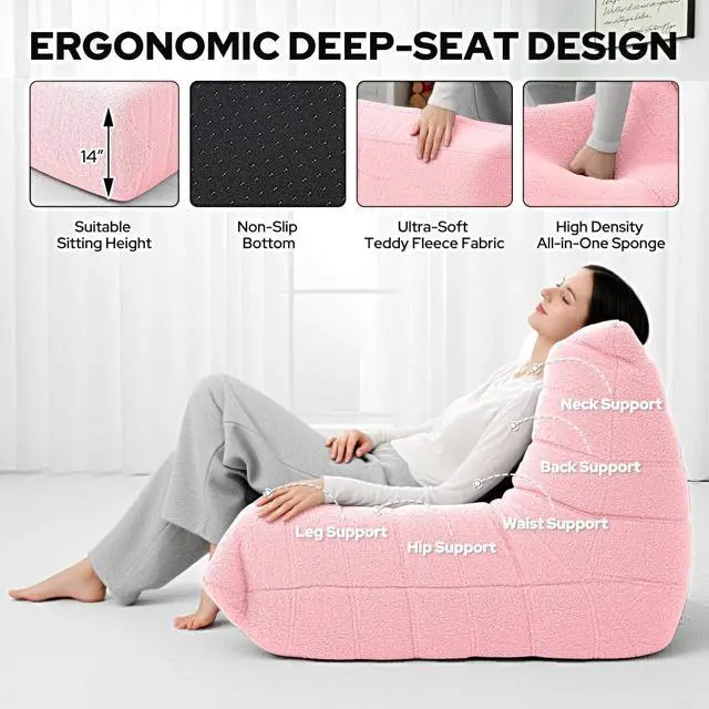 Alt view image 3 of 6 - Bean Bag Chairs Fireside Lazy Floor Sofa, Soft Teddy Fleece Bean Bag Sofa with High-Resilience Foam FillingBeanbag for Living Room, Bedroom, Office (Pink Teddy)