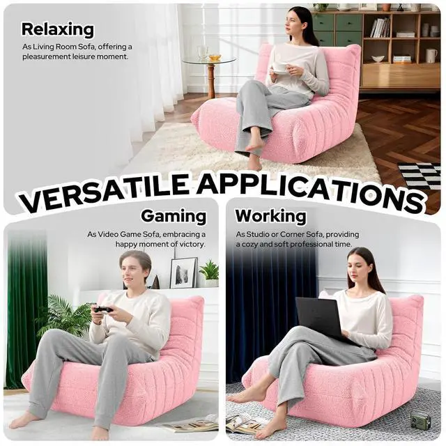 Alt view image 5 of 6 - Bean Bag Chairs Fireside Lazy Floor Sofa, Soft Teddy Fleece Bean Bag Sofa with High-Resilience Foam FillingBeanbag for Living Room, Bedroom, Office (Pink Teddy)