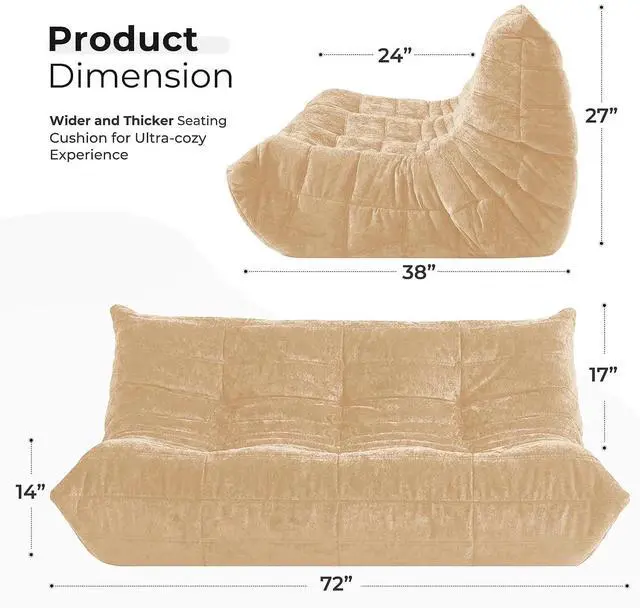Alt view image 2 of 7 - Bean Bag Chair, Giant Bean Bag Chairs for Adults, 3 Seater Fireside Chair, Lazy Large Floor Bean Bag Sofa for Living Room, Bedroom, Dorm, Office (Khaki)