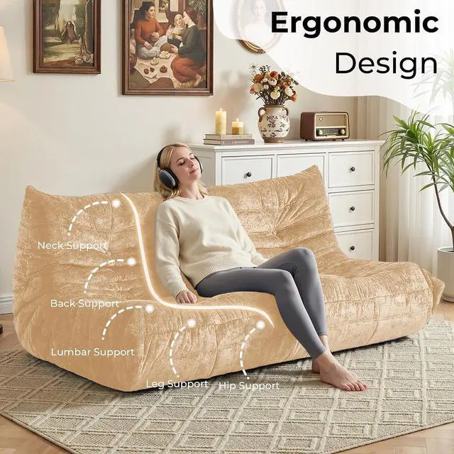 Alt view image 4 of 7 - Bean Bag Chair, Giant Bean Bag Chairs for Adults, 3 Seater Fireside Chair, Lazy Large Floor Bean Bag Sofa for Living Room, Bedroom, Dorm, Office (Khaki)