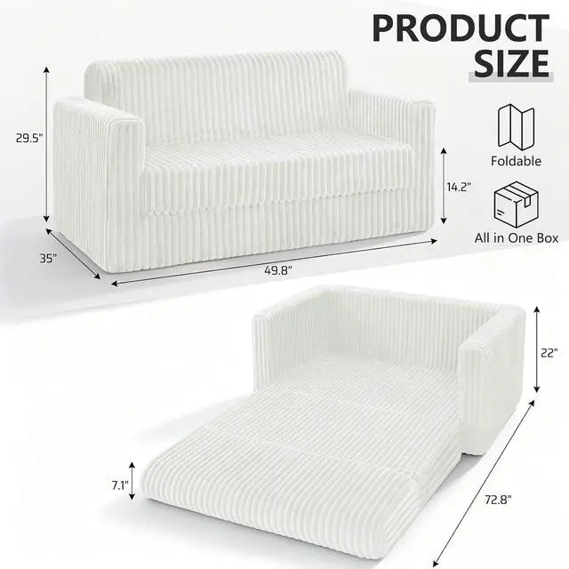 Alt view image 2 of 7 - 49.8" Loveseat Boneless Couch, 4-in-1 Convertible Sofa Bed, Plush Fur Folding Futon Sofa Bed Couches Without Pillow for Living Room, High-Density Foam Support, No Assembly Required, Beige