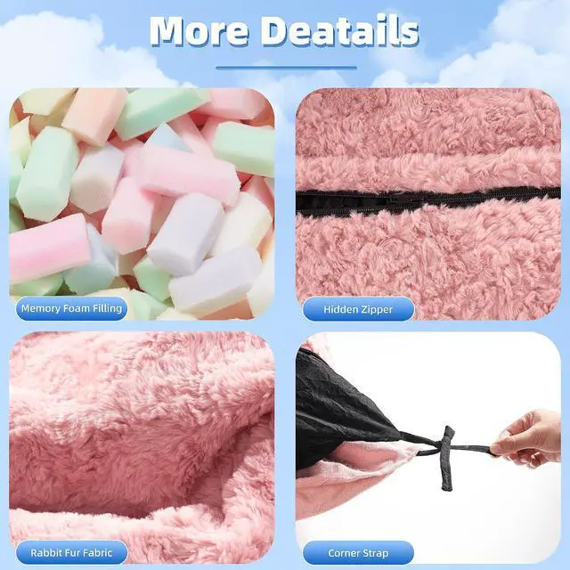 Alt view image 4 of 6 - 4 in 1 Bean Bag Chair, Giant Memory Foam Filling Bean Bag Sofa, Adult Bean Bag Chair, Machine Washable Faux Fur Cover, Bean Bag for Adult (Pink)