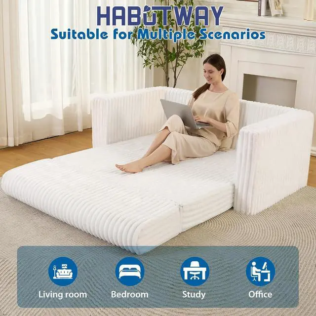 Alt view image 5 of 7 - 49.8" Loveseat Boneless Couch, 4-in-1 Convertible Sofa Bed, Plush Fur Folding Futon Sofa Bed Couches Without Pillow for Living Room, High-Density Foam Support, No Assembly Required, Beige