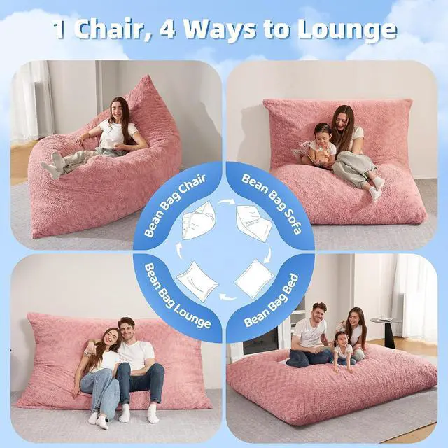 Alt view image 6 of 6 - 4 in 1 Bean Bag Chair, Giant Memory Foam Filling Bean Bag Sofa, Adult Bean Bag Chair, Machine Washable Faux Fur Cover, Bean Bag for Adult (Pink)