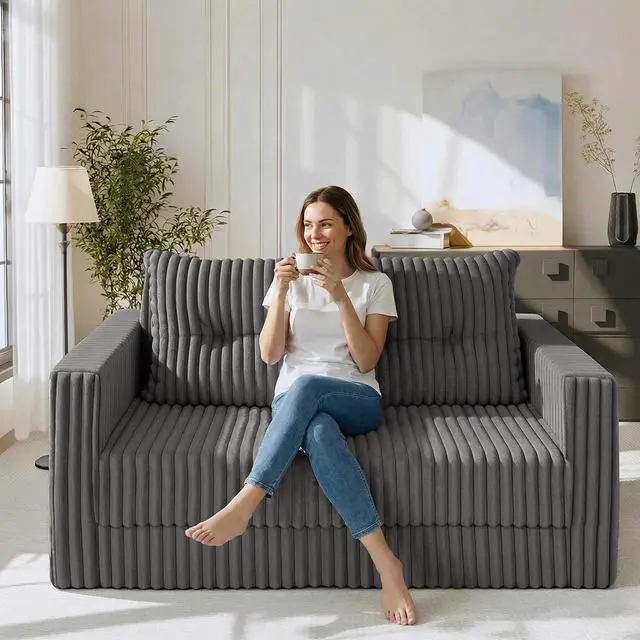 Alt view image 2 of 7 - 49.8" Loveseat Boneless Couch, 4-in-1 Convertible Sofa Bed, Plush Fur Folding Futon Sofa Bed Couches with a Pillow for Living Room, High-Density Foam Support, No Assembly Required, Grey