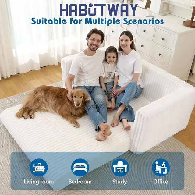 Alt view image 7 of 7 - 49.8" Loveseat Boneless Couch, 4-in-1 Convertible Sofa Bed, Plush Fur Folding Futon Sofa Bed Couches Without Pillow for Living Room, High-Density Foam Support, No Assembly Required, Beige