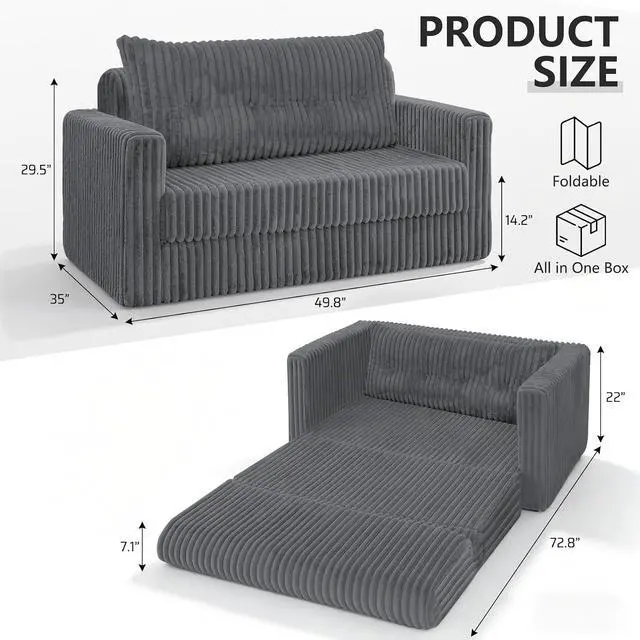 Alt view image 3 of 7 - 49.8" Loveseat Boneless Couch, 4-in-1 Convertible Sofa Bed, Plush Fur Folding Futon Sofa Bed Couches with a Pillow for Living Room, High-Density Foam Support, No Assembly Required, Grey