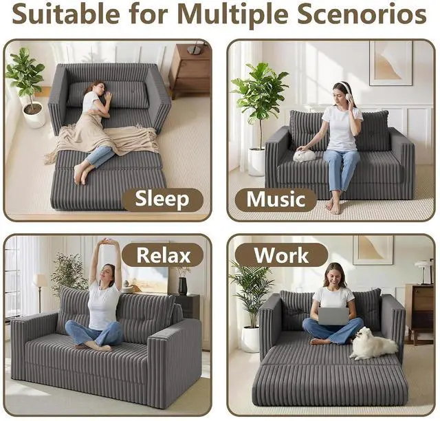 Alt view image 4 of 7 - 49.8" Loveseat Boneless Couch, 4-in-1 Convertible Sofa Bed, Plush Fur Folding Futon Sofa Bed Couches with a Pillow for Living Room, High-Density Foam Support, No Assembly Required, Grey