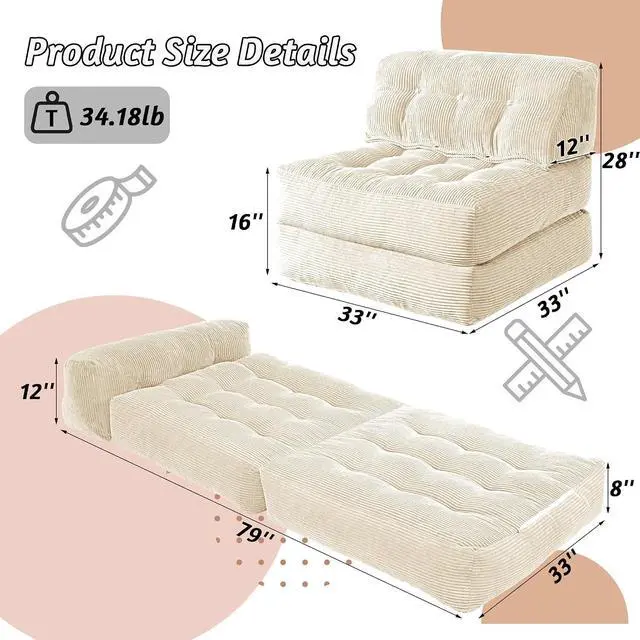 Alt view image 2 of 7 - Folding Sofa Bed, Convertible Sleeper Chair Bed with Pillow, Foldable Mattress with Back Support, Portable Single Couch Comfy Floor Sofa Lounge for Living Room, Bedroom, Office (Beige)