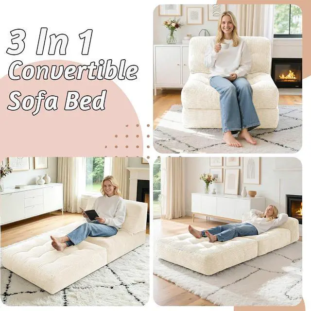 Alt view image 3 of 7 - Folding Sofa Bed, Convertible Sleeper Chair Bed with Pillow, Foldable Mattress with Back Support, Portable Single Couch Comfy Floor Sofa Lounge for Living Room, Bedroom, Office (Beige)