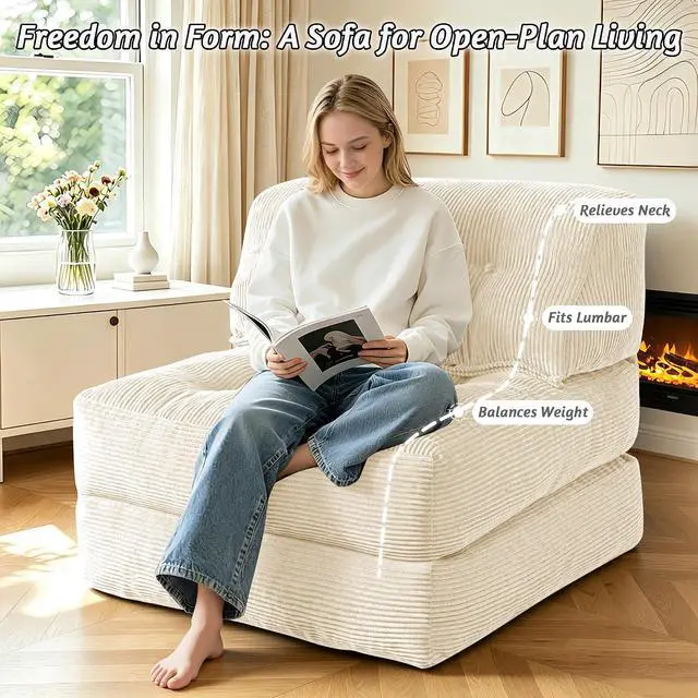 Alt view image 4 of 7 - Folding Sofa Bed, Convertible Sleeper Chair Bed with Pillow, Foldable Mattress with Back Support, Portable Single Couch Comfy Floor Sofa Lounge for Living Room, Bedroom, Office (Beige)