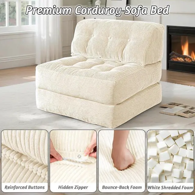Alt view image 5 of 7 - Folding Sofa Bed, Convertible Sleeper Chair Bed with Pillow, Foldable Mattress with Back Support, Portable Single Couch Comfy Floor Sofa Lounge for Living Room, Bedroom, Office (Beige)