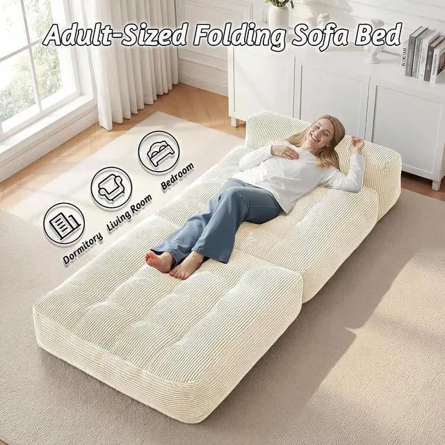 Alt view image 7 of 7 - Folding Sofa Bed, Convertible Sleeper Chair Bed with Pillow, Foldable Mattress with Back Support, Portable Single Couch Comfy Floor Sofa Lounge for Living Room, Bedroom, Office (Beige)