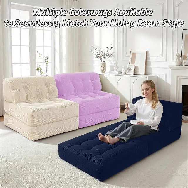 Alt view image 6 of 7 - Folding Sofa Bed, Convertible Sleeper Chair Bed with Pillow, Foldable Mattress with Back Support, Portable Single Couch Comfy Floor Sofa Lounge for Living Room, Bedroom, Office (Beige)