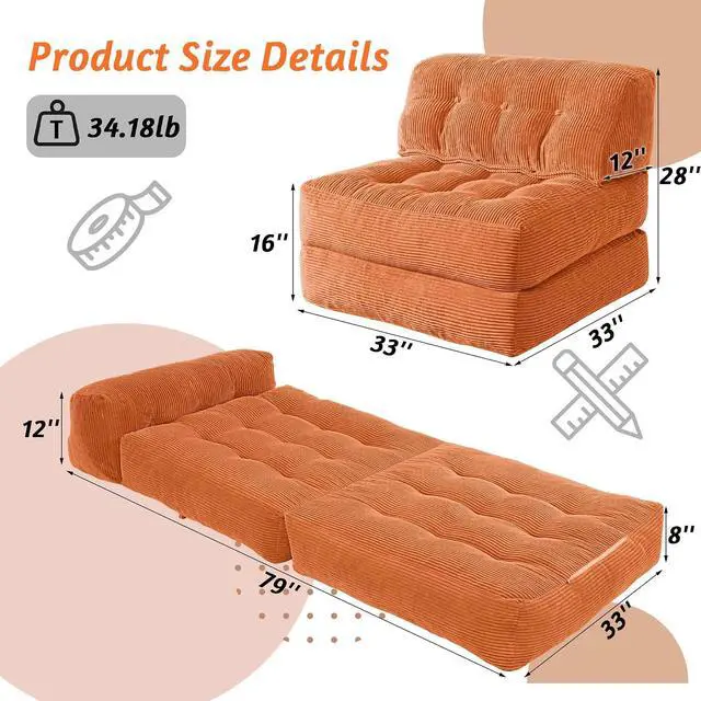 Alt view image 2 of 7 - Folding Sofa Bed, Convertible Sleeper Chair Bed with Pillow, Foldable Mattress with Back Support, Portable Single Couch Comfy Floor Sofa Lounge for Living Room, Bedroom, Office (Orange)