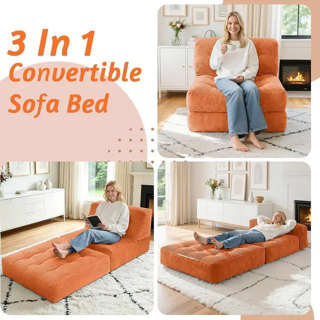 Alt view image 3 of 7 - Folding Sofa Bed, Convertible Sleeper Chair Bed with Pillow, Foldable Mattress with Back Support, Portable Single Couch Comfy Floor Sofa Lounge for Living Room, Bedroom, Office (Orange)