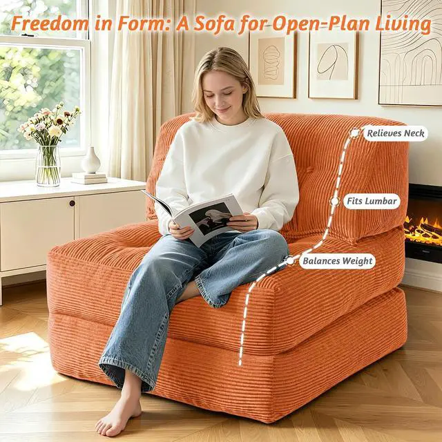 Alt view image 4 of 7 - Folding Sofa Bed, Convertible Sleeper Chair Bed with Pillow, Foldable Mattress with Back Support, Portable Single Couch Comfy Floor Sofa Lounge for Living Room, Bedroom, Office (Orange)