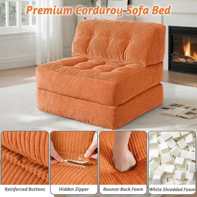 Alt view image 5 of 7 - Folding Sofa Bed, Convertible Sleeper Chair Bed with Pillow, Foldable Mattress with Back Support, Portable Single Couch Comfy Floor Sofa Lounge for Living Room, Bedroom, Office (Orange)