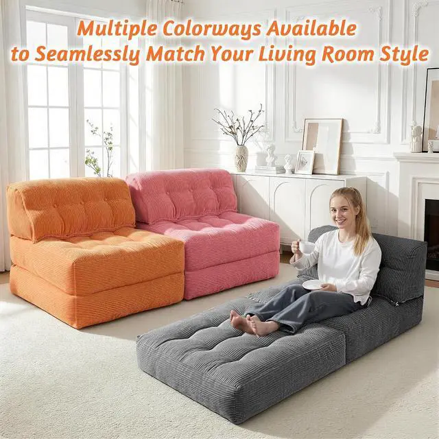 Alt view image 6 of 7 - Folding Sofa Bed, Convertible Sleeper Chair Bed with Pillow, Foldable Mattress with Back Support, Portable Single Couch Comfy Floor Sofa Lounge for Living Room, Bedroom, Office (Orange)