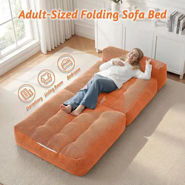 Alt view image 7 of 7 - Folding Sofa Bed, Convertible Sleeper Chair Bed with Pillow, Foldable Mattress with Back Support, Portable Single Couch Comfy Floor Sofa Lounge for Living Room, Bedroom, Office (Orange)