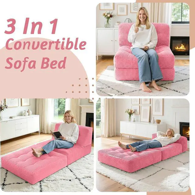 Alt view image 3 of 7 - Folding Sofa Bed, Convertible Sleeper Chair Bed with Pillow, Foldable Mattress with Back Support, Portable Single Couch Comfy Floor Sofa Lounge for Living Room, Bedroom, Office (Pink)