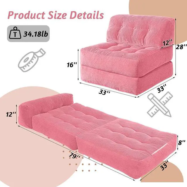 Alt view image 2 of 7 - Folding Sofa Bed, Convertible Sleeper Chair Bed with Pillow, Foldable Mattress with Back Support, Portable Single Couch Comfy Floor Sofa Lounge for Living Room, Bedroom, Office (Pink)