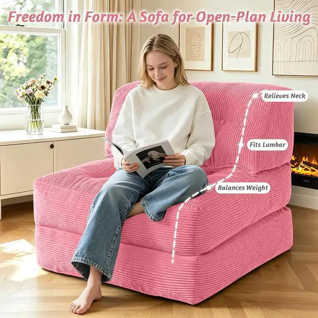 Alt view image 4 of 7 - Folding Sofa Bed, Convertible Sleeper Chair Bed with Pillow, Foldable Mattress with Back Support, Portable Single Couch Comfy Floor Sofa Lounge for Living Room, Bedroom, Office (Pink)