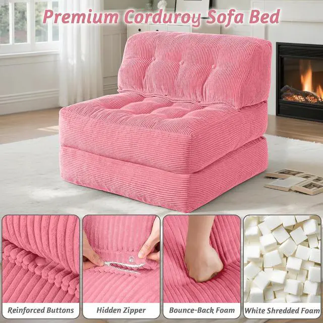 Alt view image 5 of 7 - Folding Sofa Bed, Convertible Sleeper Chair Bed with Pillow, Foldable Mattress with Back Support, Portable Single Couch Comfy Floor Sofa Lounge for Living Room, Bedroom, Office (Pink)