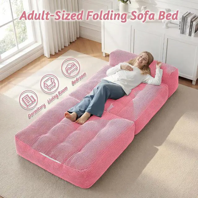 Alt view image 7 of 7 - Folding Sofa Bed, Convertible Sleeper Chair Bed with Pillow, Foldable Mattress with Back Support, Portable Single Couch Comfy Floor Sofa Lounge for Living Room, Bedroom, Office (Pink)