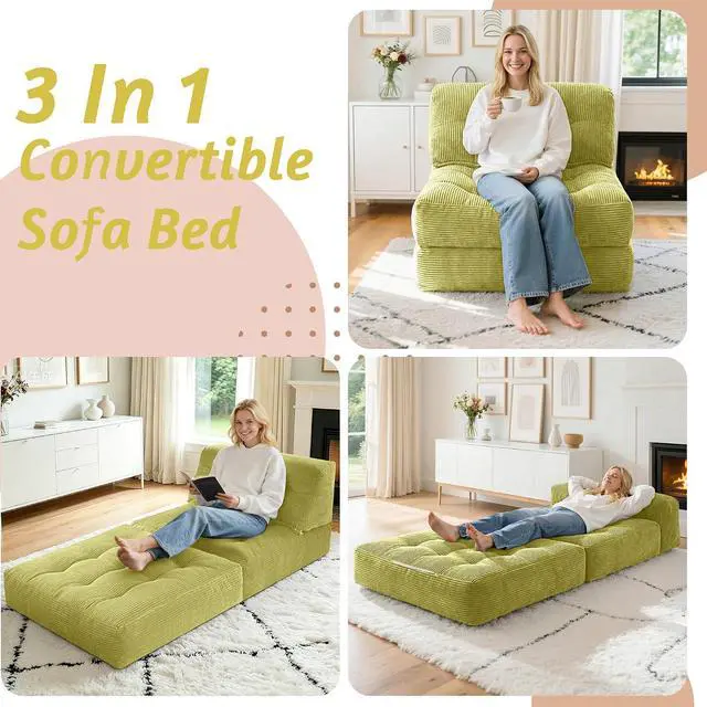 Alt view image 3 of 7 - Folding Sofa Bed, Convertible Sleeper Chair Bed with Pillow, Foldable Mattress with Back Support, Portable Single Couch Comfy Floor Sofa Lounge for Living Room, Bedroom, Office (Green)