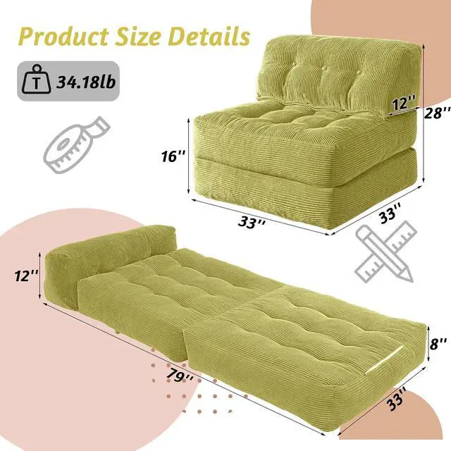 Alt view image 2 of 7 - Folding Sofa Bed, Convertible Sleeper Chair Bed with Pillow, Foldable Mattress with Back Support, Portable Single Couch Comfy Floor Sofa Lounge for Living Room, Bedroom, Office (Green)