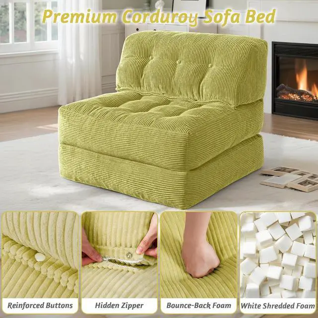 Alt view image 5 of 7 - Folding Sofa Bed, Convertible Sleeper Chair Bed with Pillow, Foldable Mattress with Back Support, Portable Single Couch Comfy Floor Sofa Lounge for Living Room, Bedroom, Office (Green)