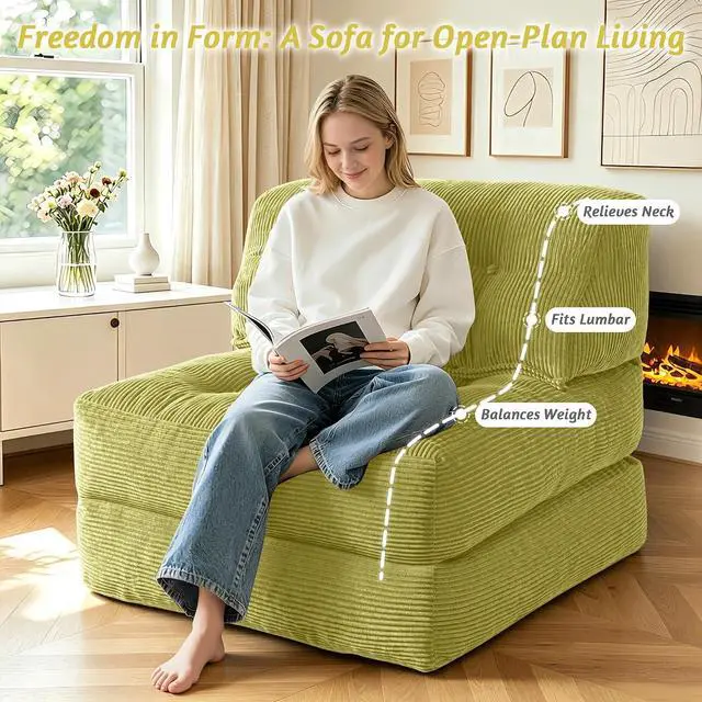 Alt view image 4 of 7 - Folding Sofa Bed, Convertible Sleeper Chair Bed with Pillow, Foldable Mattress with Back Support, Portable Single Couch Comfy Floor Sofa Lounge for Living Room, Bedroom, Office (Green)