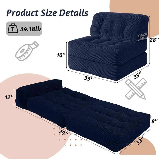 Alt view image 2 of 7 - Folding Sofa Bed, Convertible Sleeper Chair Bed with Pillow, Foldable Mattress with Back Support, Portable Single Couch Comfy Floor Sofa Lounge for Living Room, Bedroom, Office (Navy Blue)