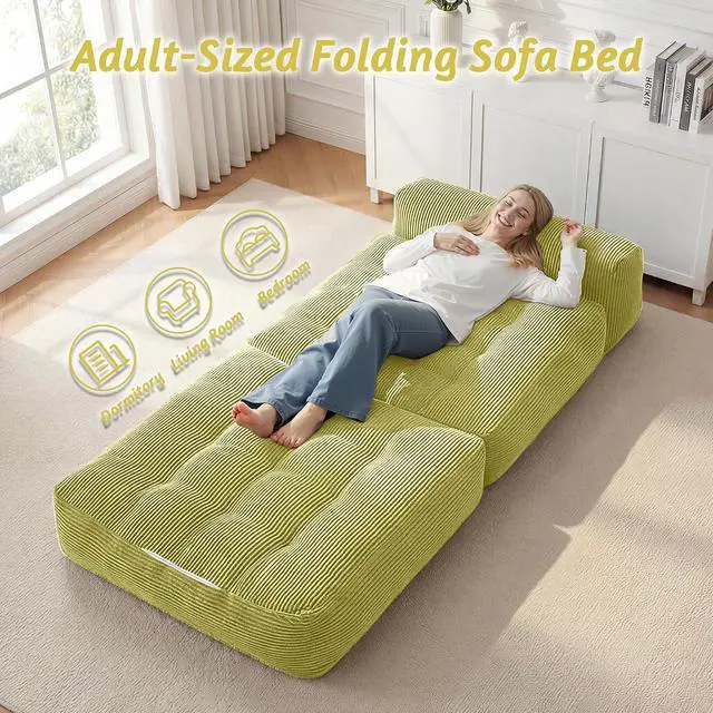 Alt view image 7 of 7 - Folding Sofa Bed, Convertible Sleeper Chair Bed with Pillow, Foldable Mattress with Back Support, Portable Single Couch Comfy Floor Sofa Lounge for Living Room, Bedroom, Office (Green)