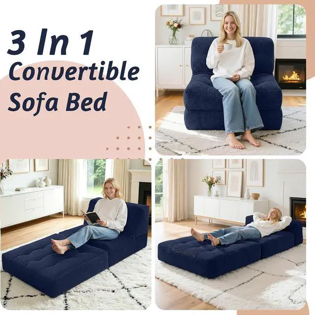 Alt view image 3 of 7 - Folding Sofa Bed, Convertible Sleeper Chair Bed with Pillow, Foldable Mattress with Back Support, Portable Single Couch Comfy Floor Sofa Lounge for Living Room, Bedroom, Office (Navy Blue)