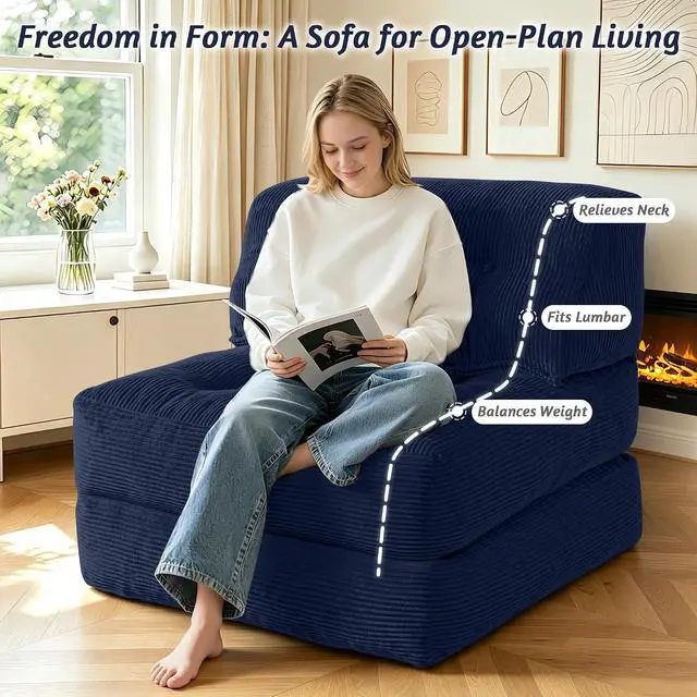 Alt view image 4 of 7 - Folding Sofa Bed, Convertible Sleeper Chair Bed with Pillow, Foldable Mattress with Back Support, Portable Single Couch Comfy Floor Sofa Lounge for Living Room, Bedroom, Office (Navy Blue)
