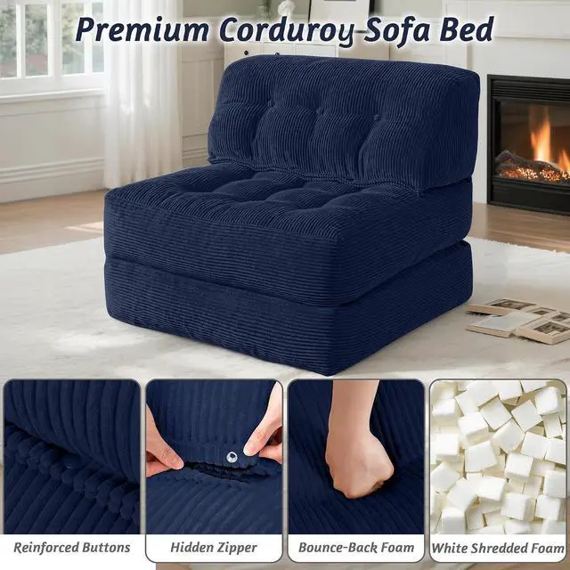 Alt view image 5 of 7 - Folding Sofa Bed, Convertible Sleeper Chair Bed with Pillow, Foldable Mattress with Back Support, Portable Single Couch Comfy Floor Sofa Lounge for Living Room, Bedroom, Office (Navy Blue)