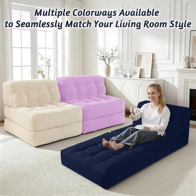 Alt view image 6 of 7 - Folding Sofa Bed, Convertible Sleeper Chair Bed with Pillow, Foldable Mattress with Back Support, Portable Single Couch Comfy Floor Sofa Lounge for Living Room, Bedroom, Office (Navy Blue)