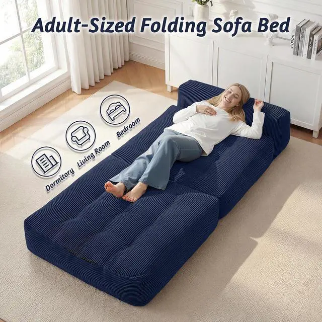 Alt view image 7 of 7 - Folding Sofa Bed, Convertible Sleeper Chair Bed with Pillow, Foldable Mattress with Back Support, Portable Single Couch Comfy Floor Sofa Lounge for Living Room, Bedroom, Office (Navy Blue)