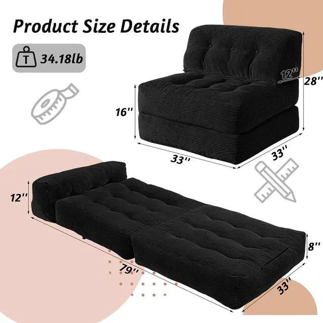 Alt view image 2 of 7 - Folding Sofa Bed, Convertible Sleeper Chair Bed with Pillow, Foldable Mattress with Back Support, Portable Single Couch Comfy Floor Sofa Lounge for Living Room, Bedroom, Office (Black)