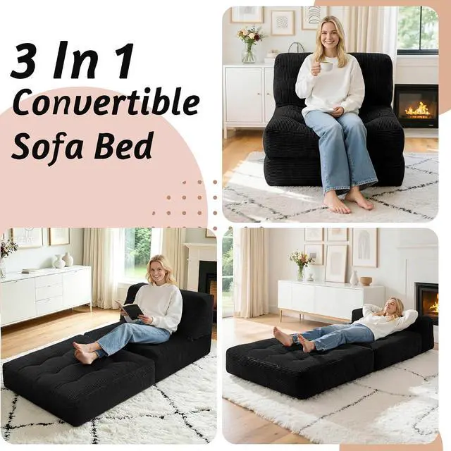 Alt view image 3 of 7 - Folding Sofa Bed, Convertible Sleeper Chair Bed with Pillow, Foldable Mattress with Back Support, Portable Single Couch Comfy Floor Sofa Lounge for Living Room, Bedroom, Office (Black)