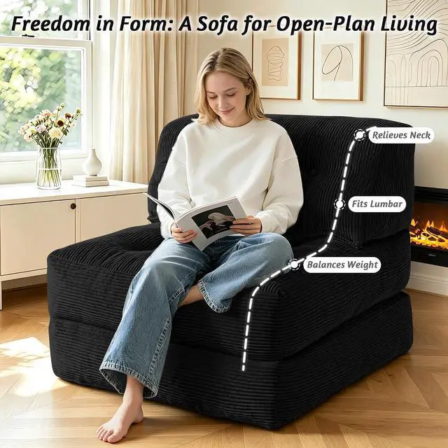 Alt view image 4 of 7 - Folding Sofa Bed, Convertible Sleeper Chair Bed with Pillow, Foldable Mattress with Back Support, Portable Single Couch Comfy Floor Sofa Lounge for Living Room, Bedroom, Office (Black)
