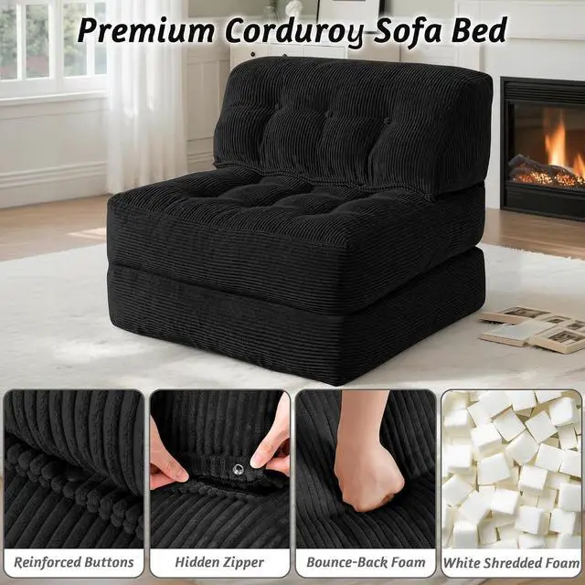 Alt view image 5 of 7 - Folding Sofa Bed, Convertible Sleeper Chair Bed with Pillow, Foldable Mattress with Back Support, Portable Single Couch Comfy Floor Sofa Lounge for Living Room, Bedroom, Office (Black)