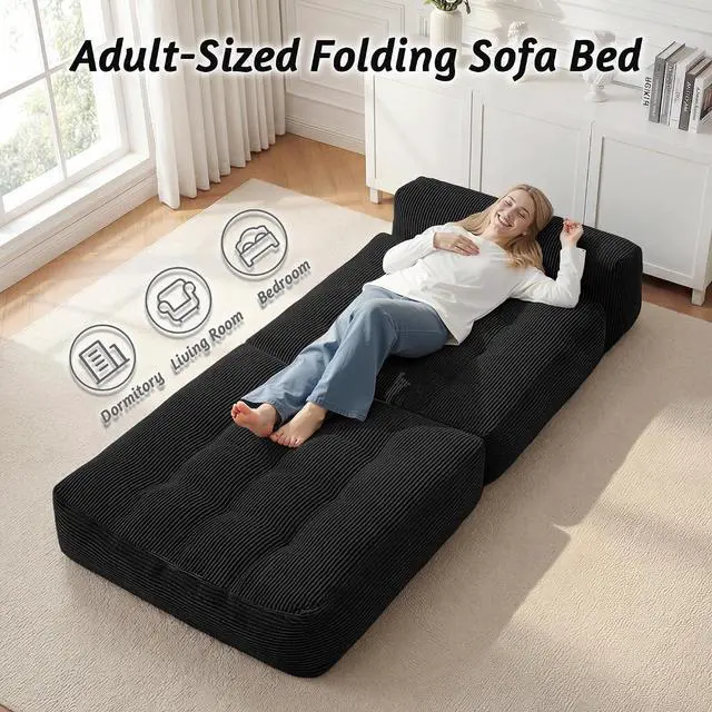Alt view image 7 of 7 - Folding Sofa Bed, Convertible Sleeper Chair Bed with Pillow, Foldable Mattress with Back Support, Portable Single Couch Comfy Floor Sofa Lounge for Living Room, Bedroom, Office (Black)