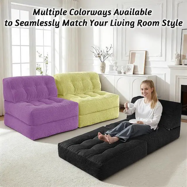 Alt view image 6 of 7 - Folding Sofa Bed, Convertible Sleeper Chair Bed with Pillow, Foldable Mattress with Back Support, Portable Single Couch Comfy Floor Sofa Lounge for Living Room, Bedroom, Office (Black)