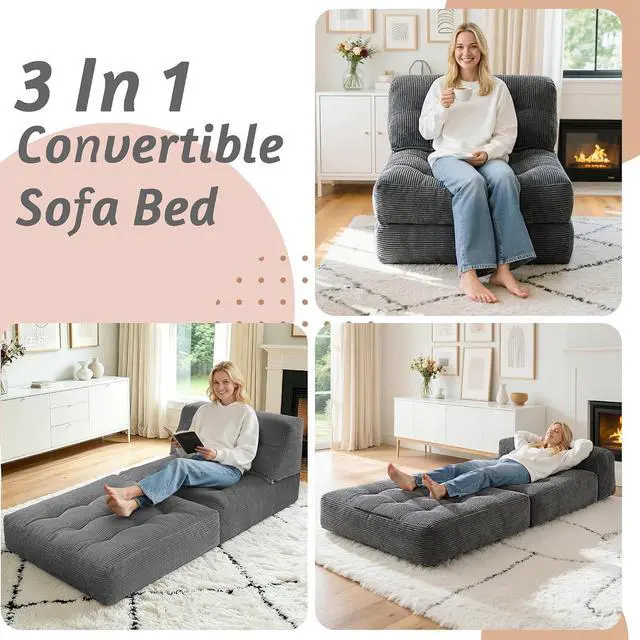 Alt view image 3 of 7 - Folding Sofa Bed, Convertible Sleeper Chair Bed with Pillow, Foldable Mattress with Back Support, Portable Single Couch Comfy Floor Sofa Lounge for Living Room, Bedroom, Office (Dark Gray)
