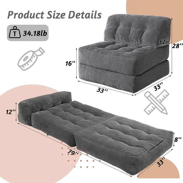 Alt view image 2 of 7 - Folding Sofa Bed, Convertible Sleeper Chair Bed with Pillow, Foldable Mattress with Back Support, Portable Single Couch Comfy Floor Sofa Lounge for Living Room, Bedroom, Office (Dark Gray)